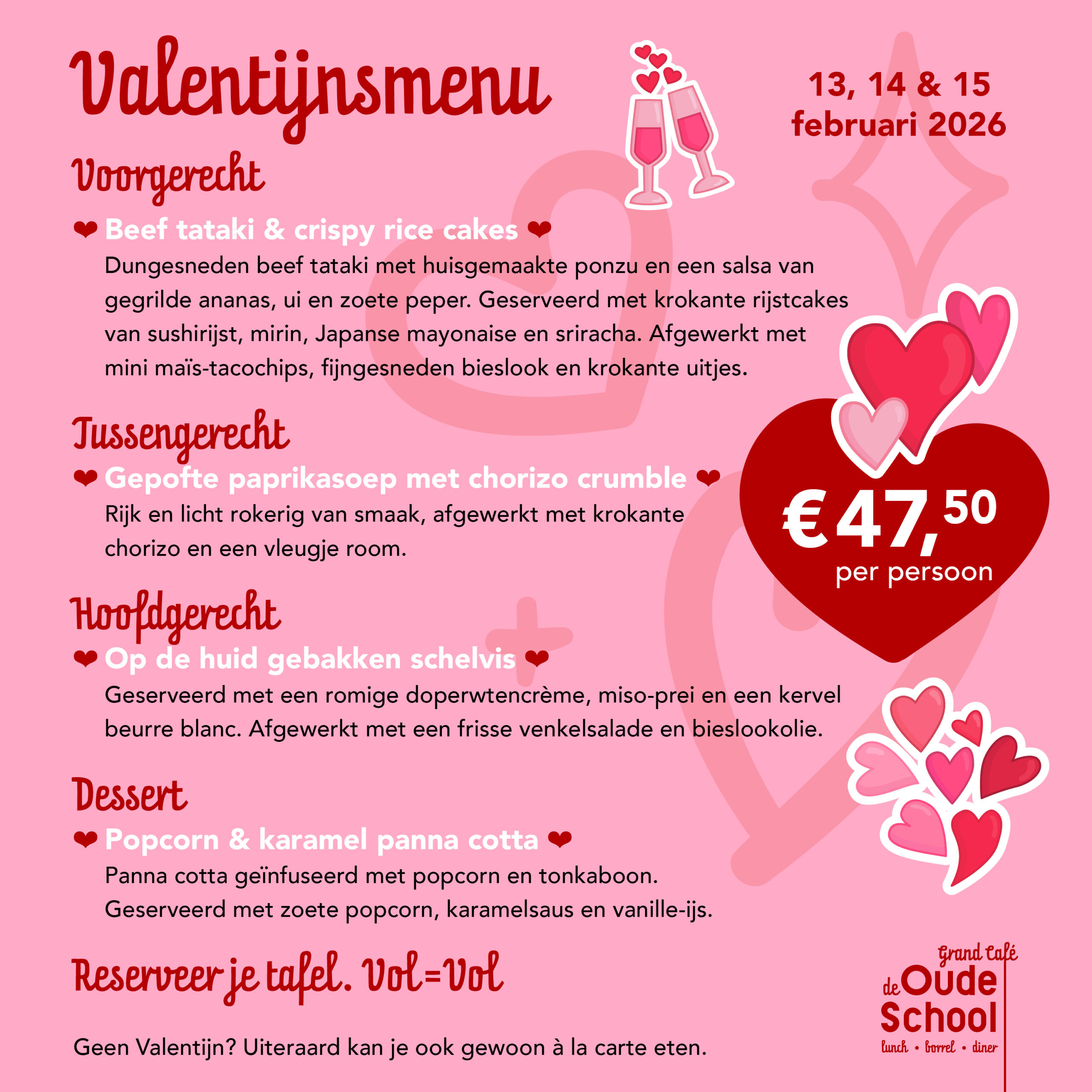 Grand cafe de oude school - valentijnsmenu 2026